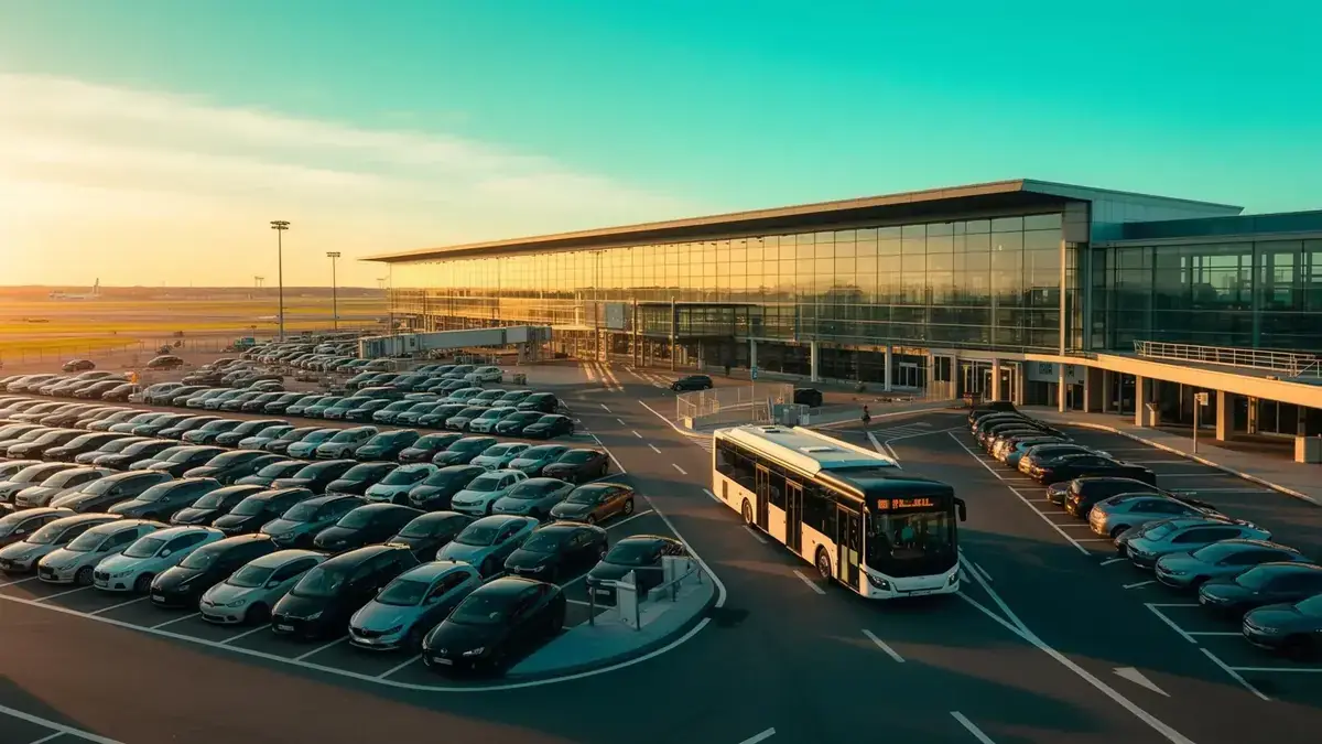 Beleuchteter Flughafenparkplatz mit wartendem Shuttle bei Sonnenuntergang vor Terminal